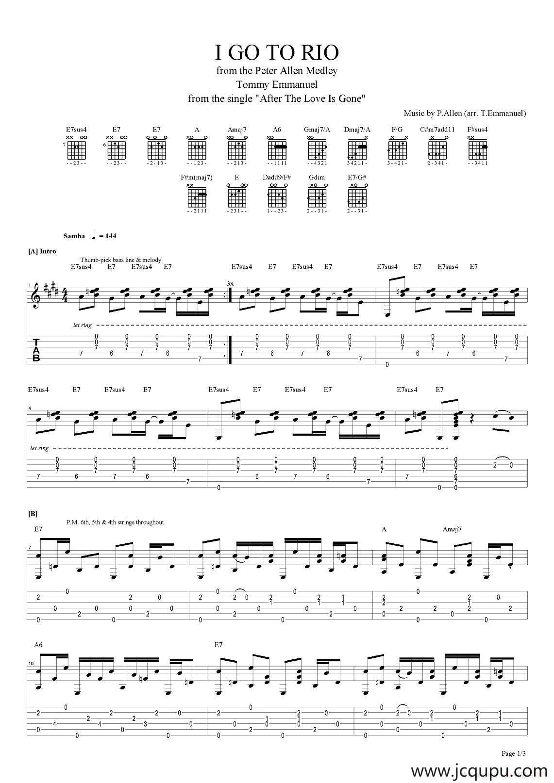 tommy emmanuel：i go to rio（指弹吉他）简谱