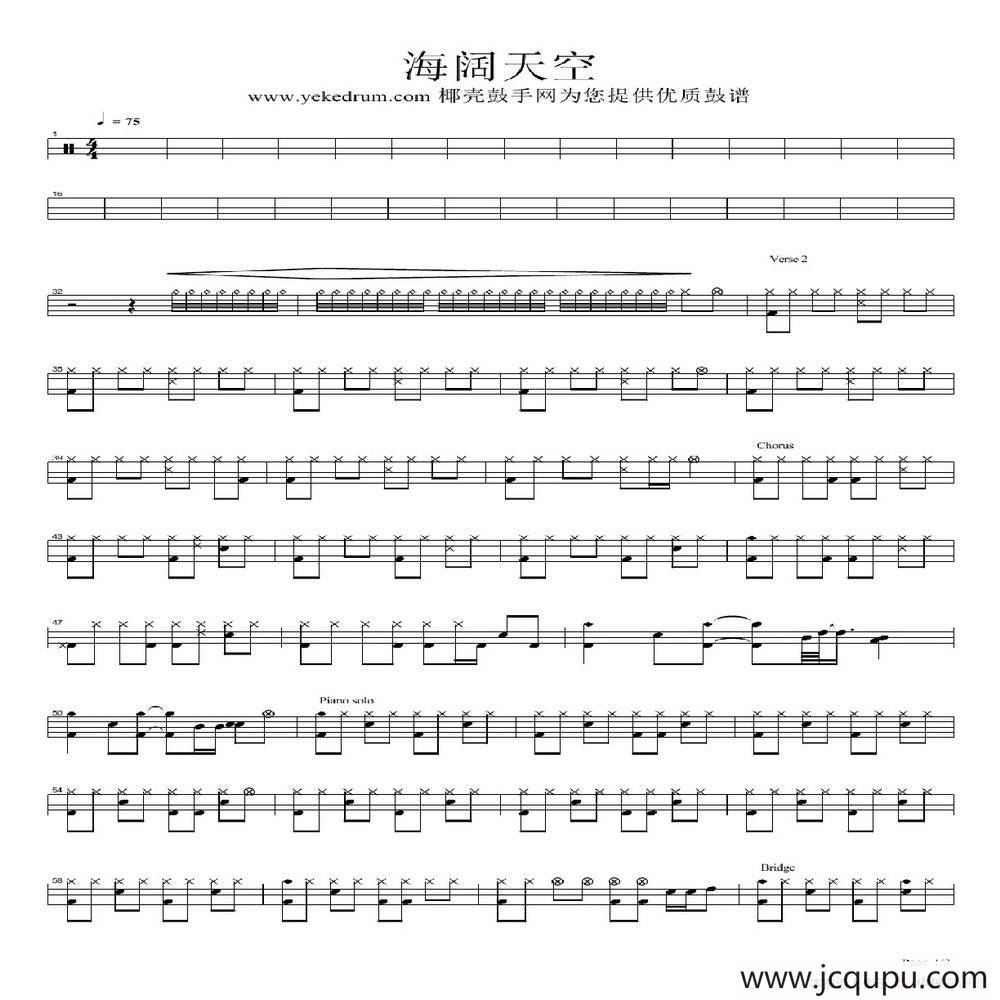 海阔天空（架子鼓谱、椰壳鼓手网制谱版）简谱