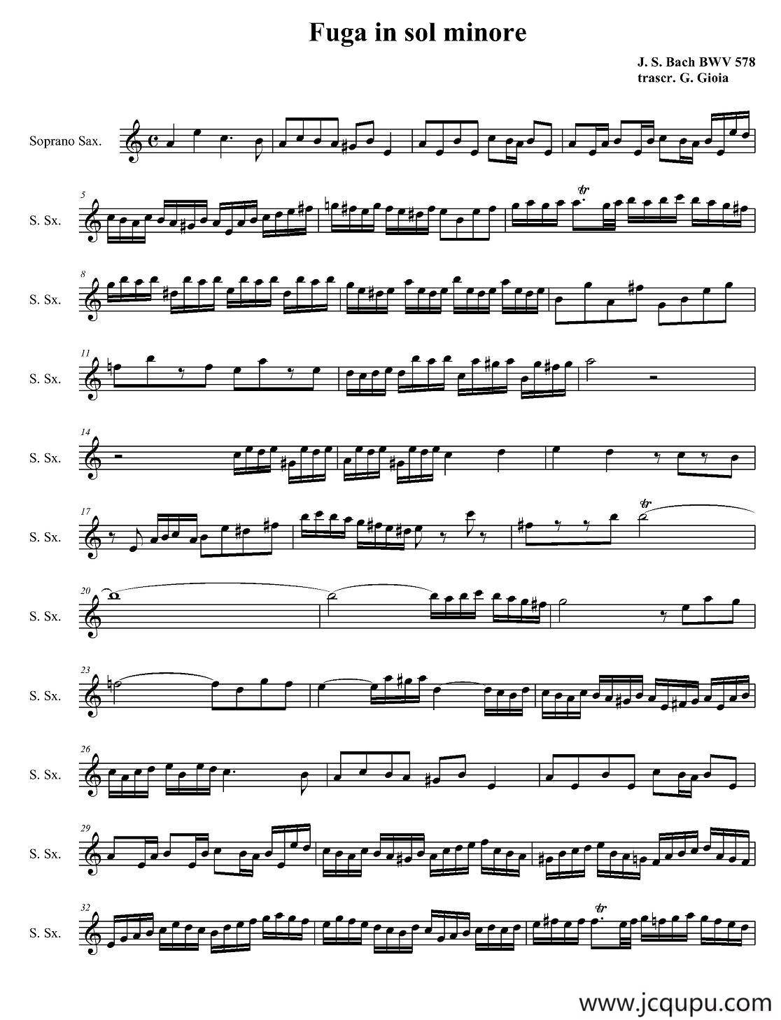 Fuga in sol minore （四重奏之高音萨克斯分谱）简谱