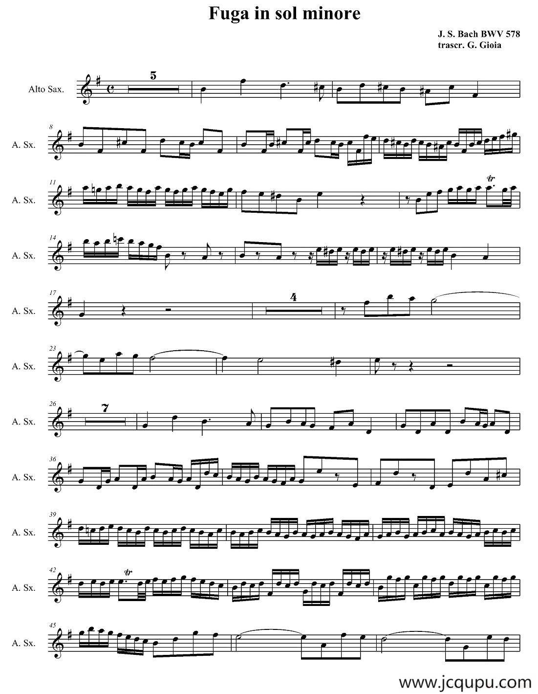 Fuga in sol minore （四重奏之中音萨克斯分谱）简谱