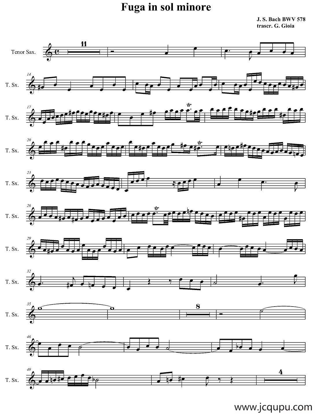 Fuga in sol minore（四重奏之次中音萨克斯分谱）简谱