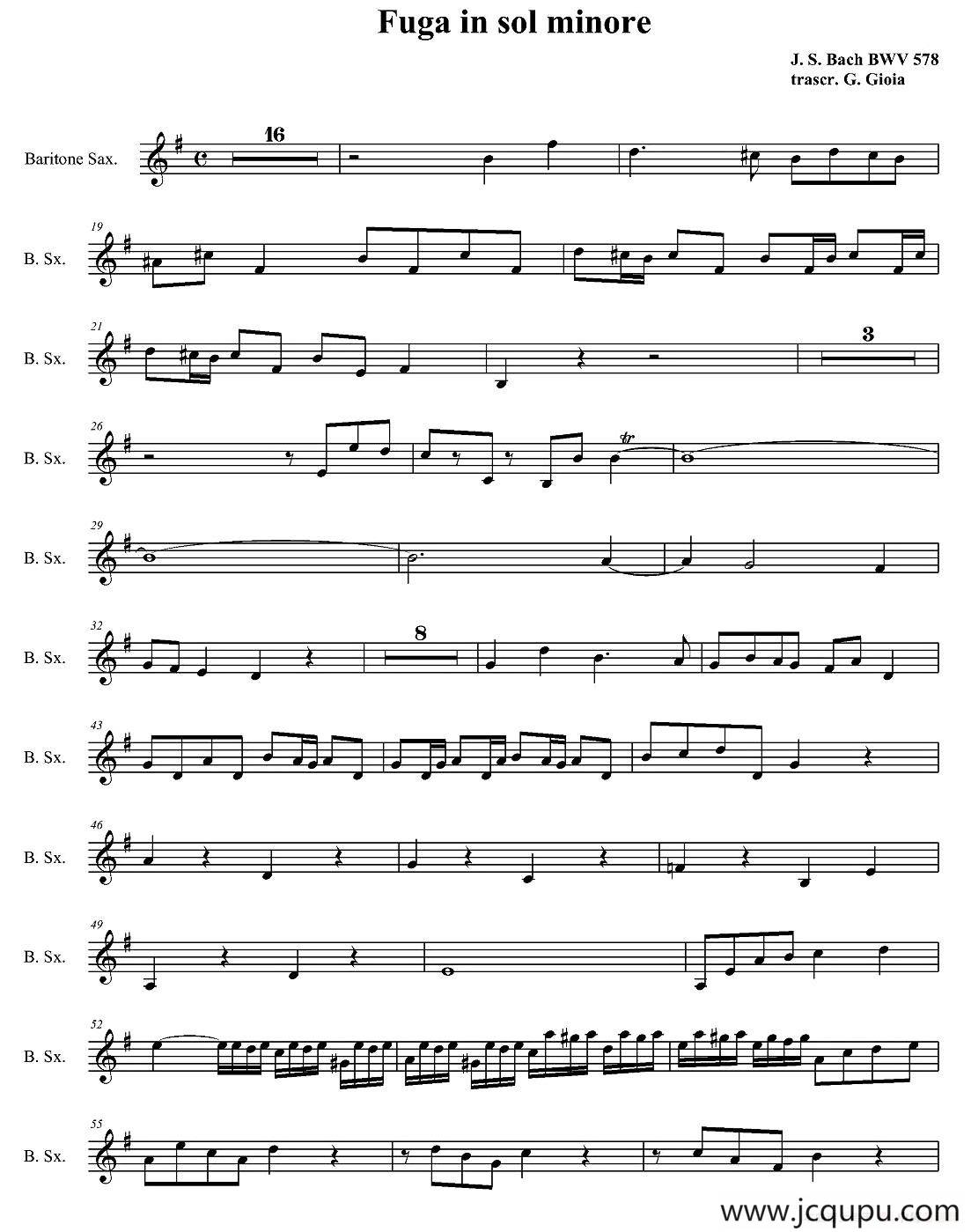 Fuga in sol minore（四重奏之上低音萨克斯分谱）简谱