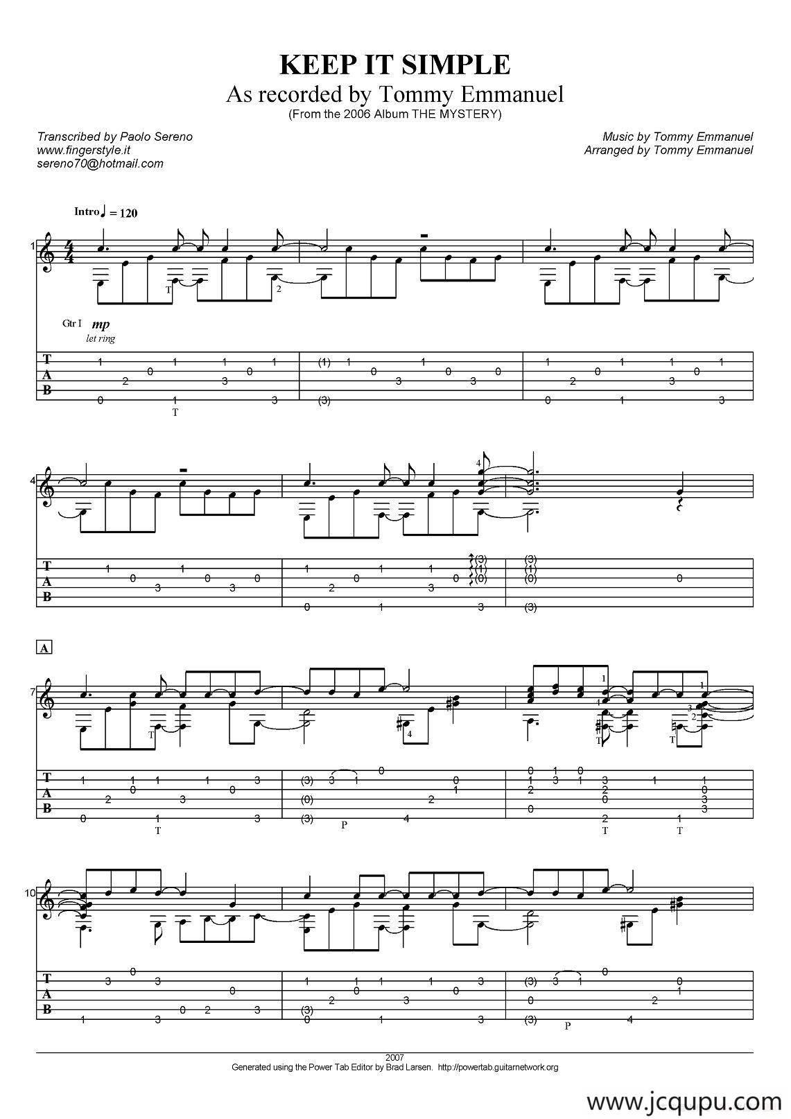 tommy emmanuel：keep it simple（指弹吉他）简谱