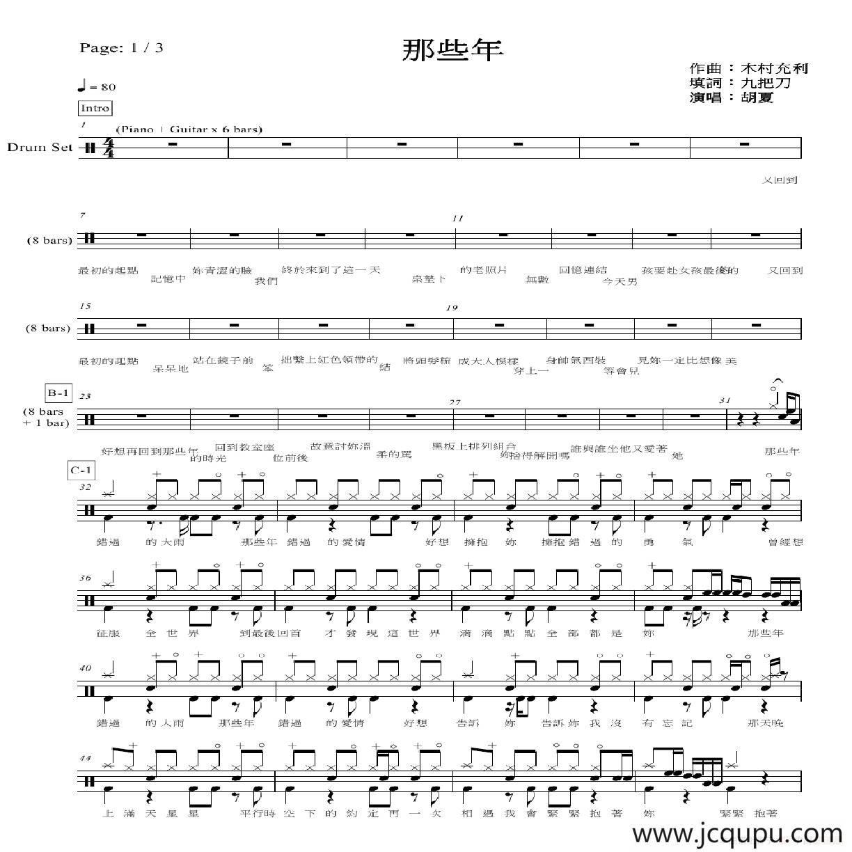 那些年（架子鼓谱）简谱