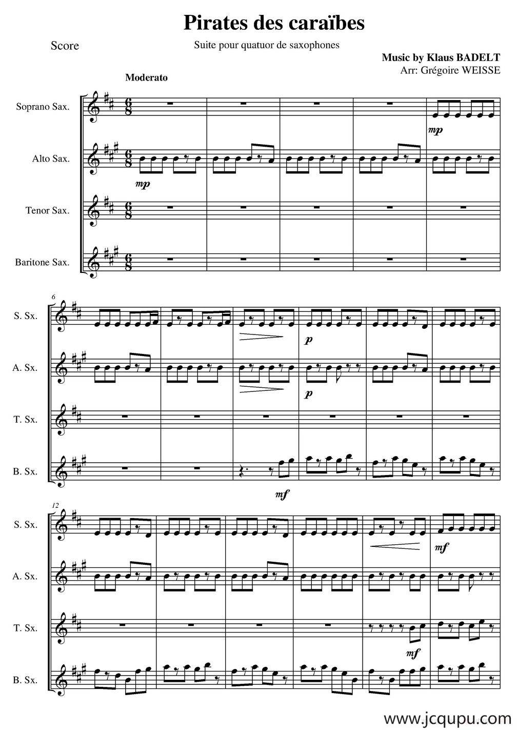 加勒比海盗（四重奏）简谱