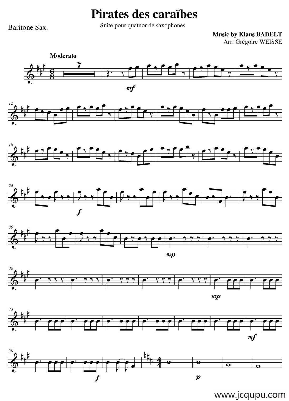 加勒比海盗（四重奏之上低音萨克斯分谱）简谱