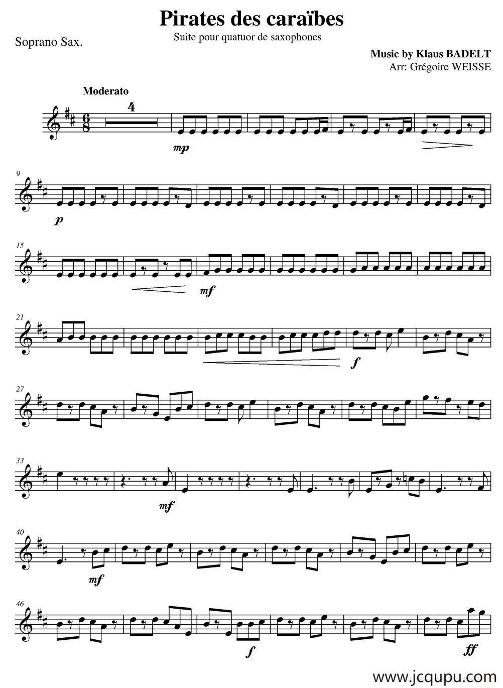 加勒比海盗（四重奏之高音萨克斯分谱）简谱