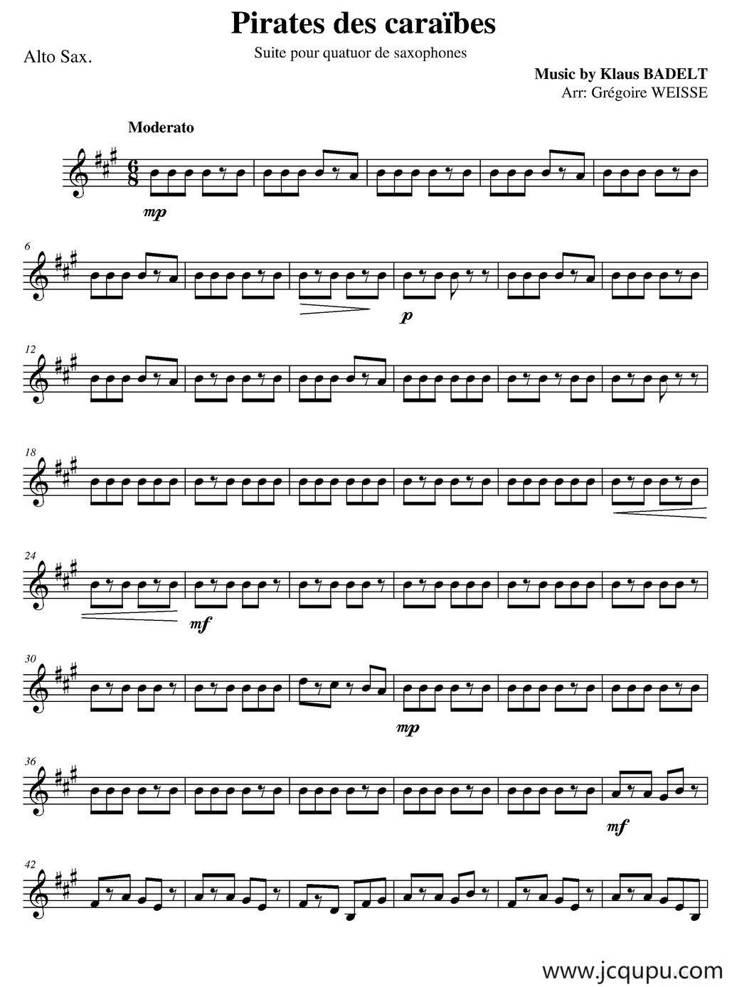 加勒比海盗（四重奏之中音萨克斯分谱）简谱