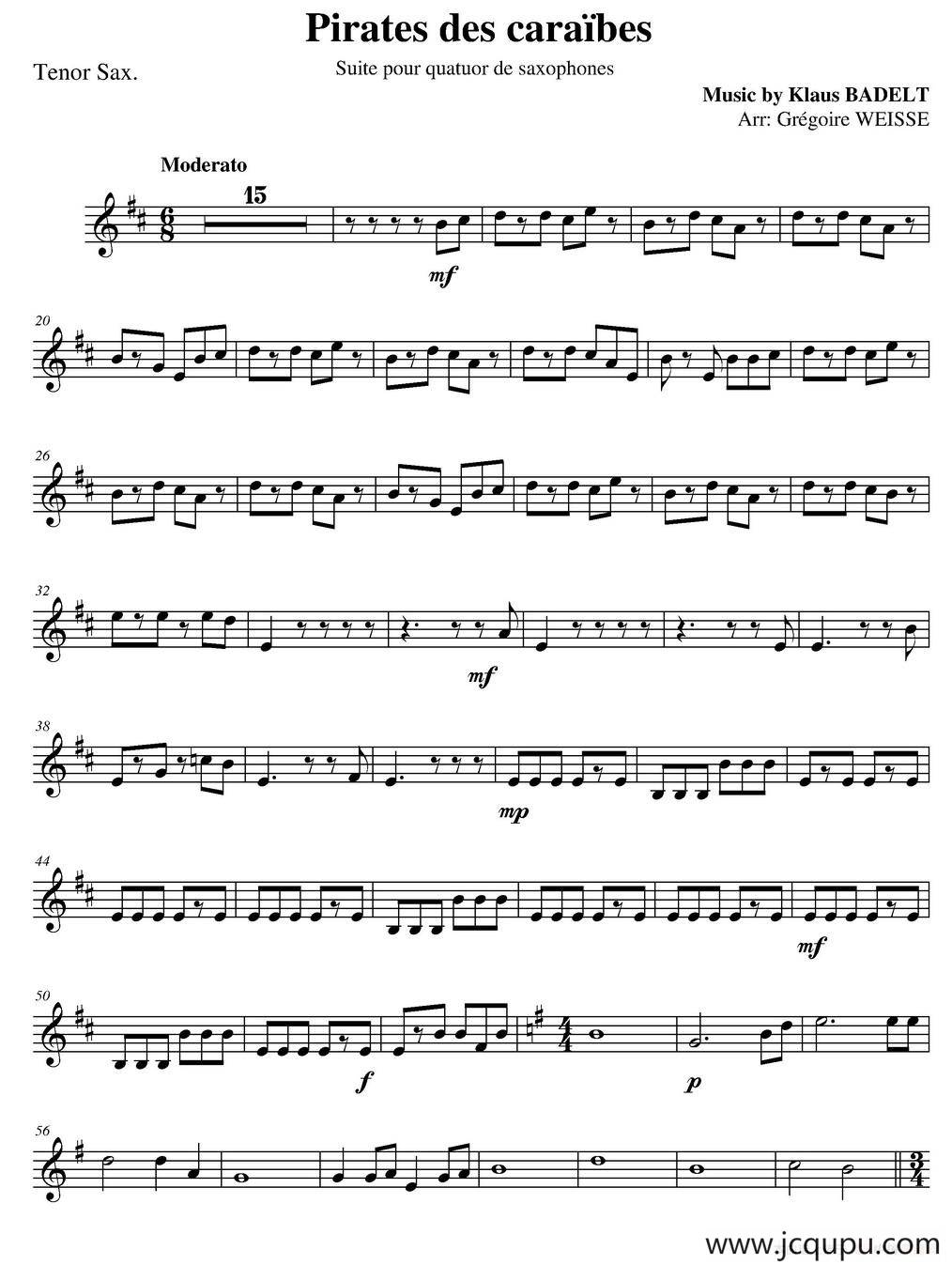 加勒比海盗（四重奏之次中音萨克斯分谱）简谱