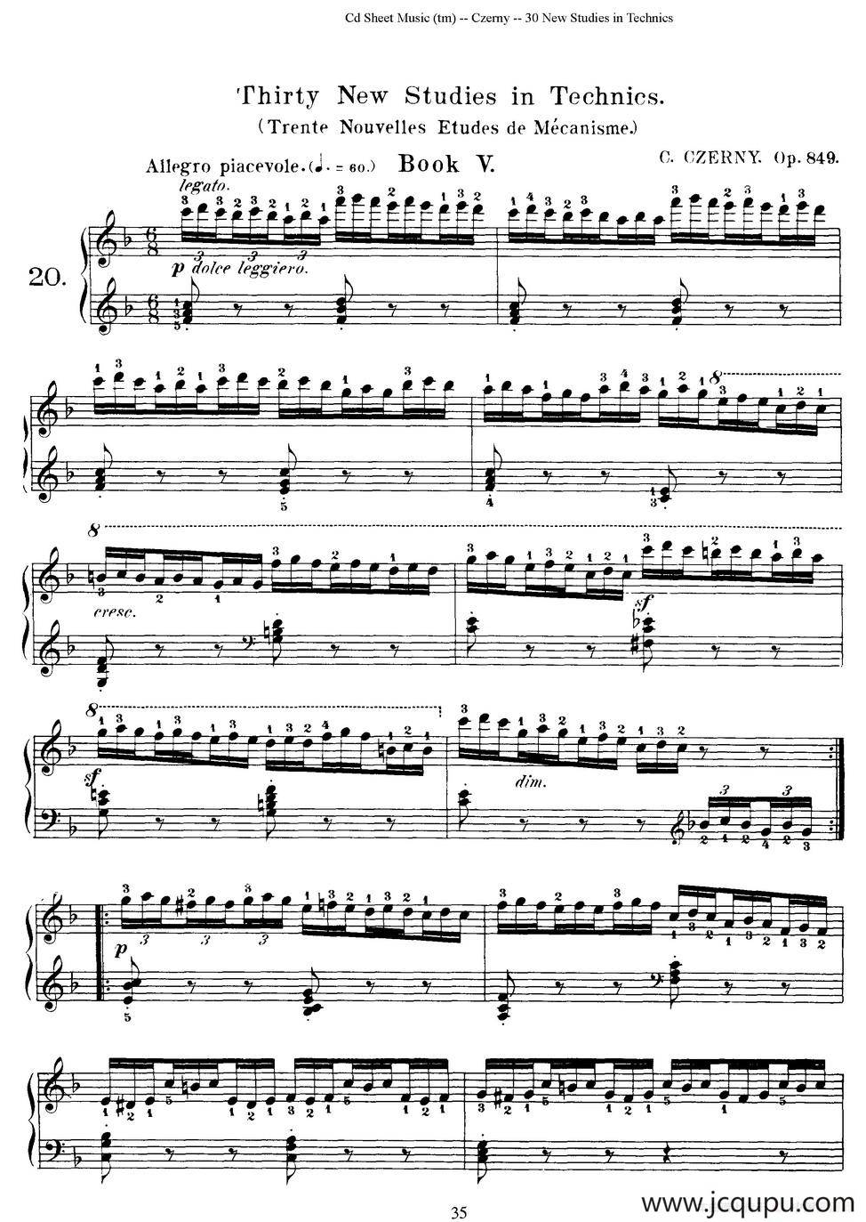 Czerny - 30 New Studies - 20（车尔尼Op849 - 30首练习曲）简谱
