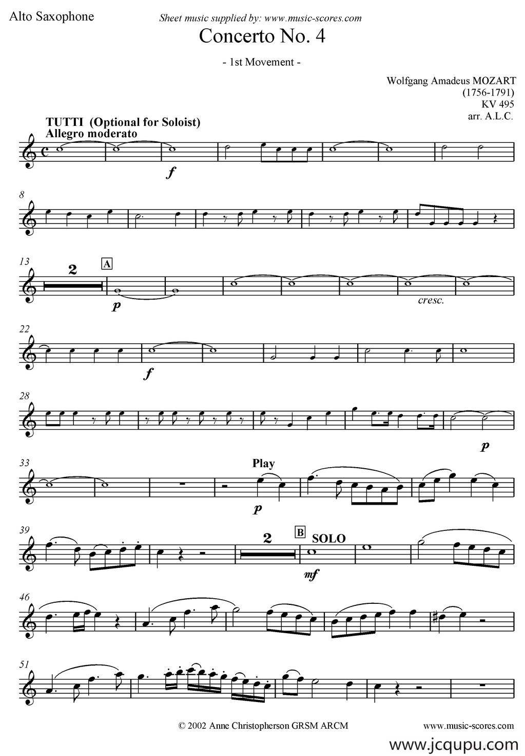 Mozart：Concerto KV495 No.4-1st（中音萨克斯）简谱