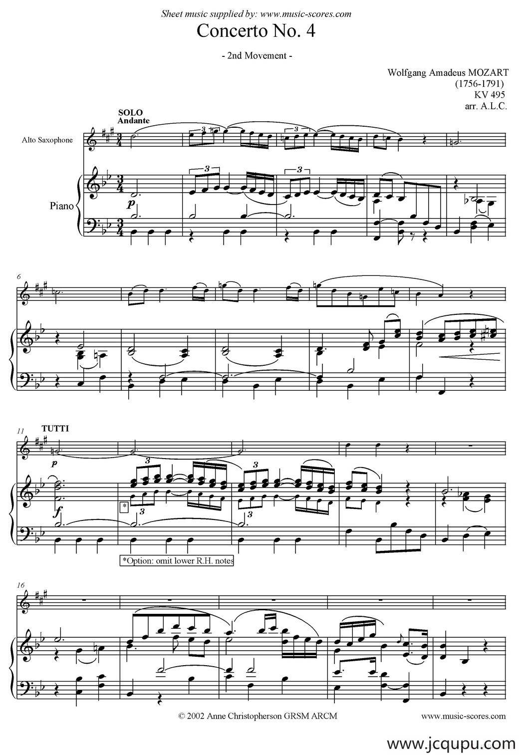 Mozart：Concerto KV495 No.4-2st（高音萨克斯+钢琴伴奏）简谱