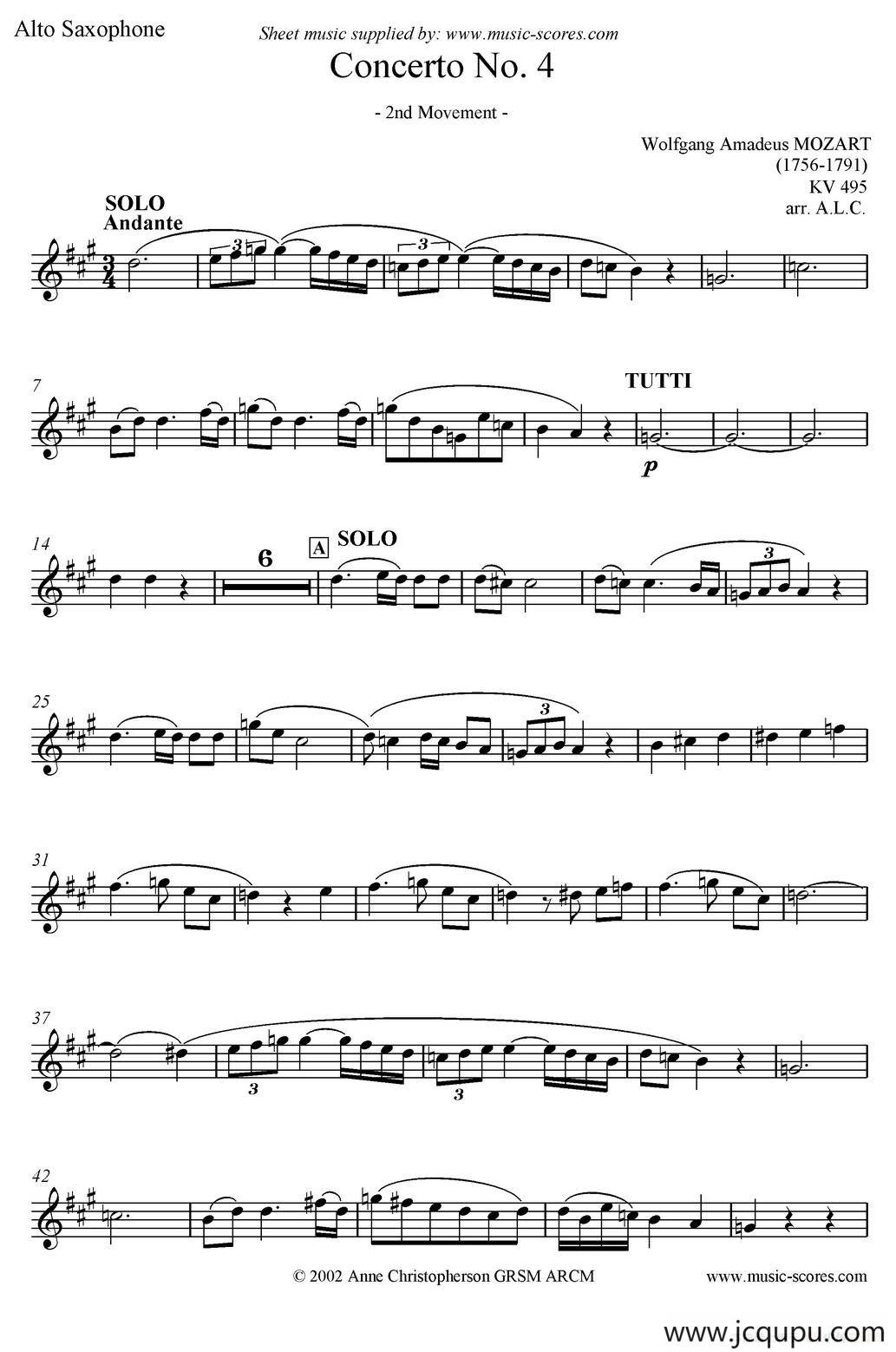 Mozart：Concerto KV495 No.4-2st（高音萨克斯）简谱