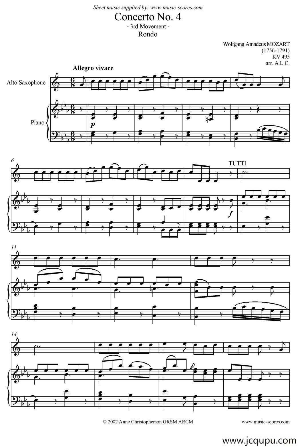 Mozart：Concerto KV495 No.4-3st Rondo 回旋曲（中音萨克斯+钢琴伴奏）简谱