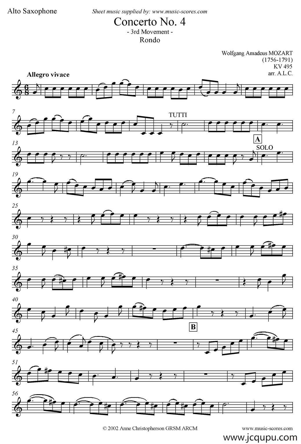 Mozart：Concerto KV495 No.4-3st Rondo 回旋曲（中音萨克斯）简谱