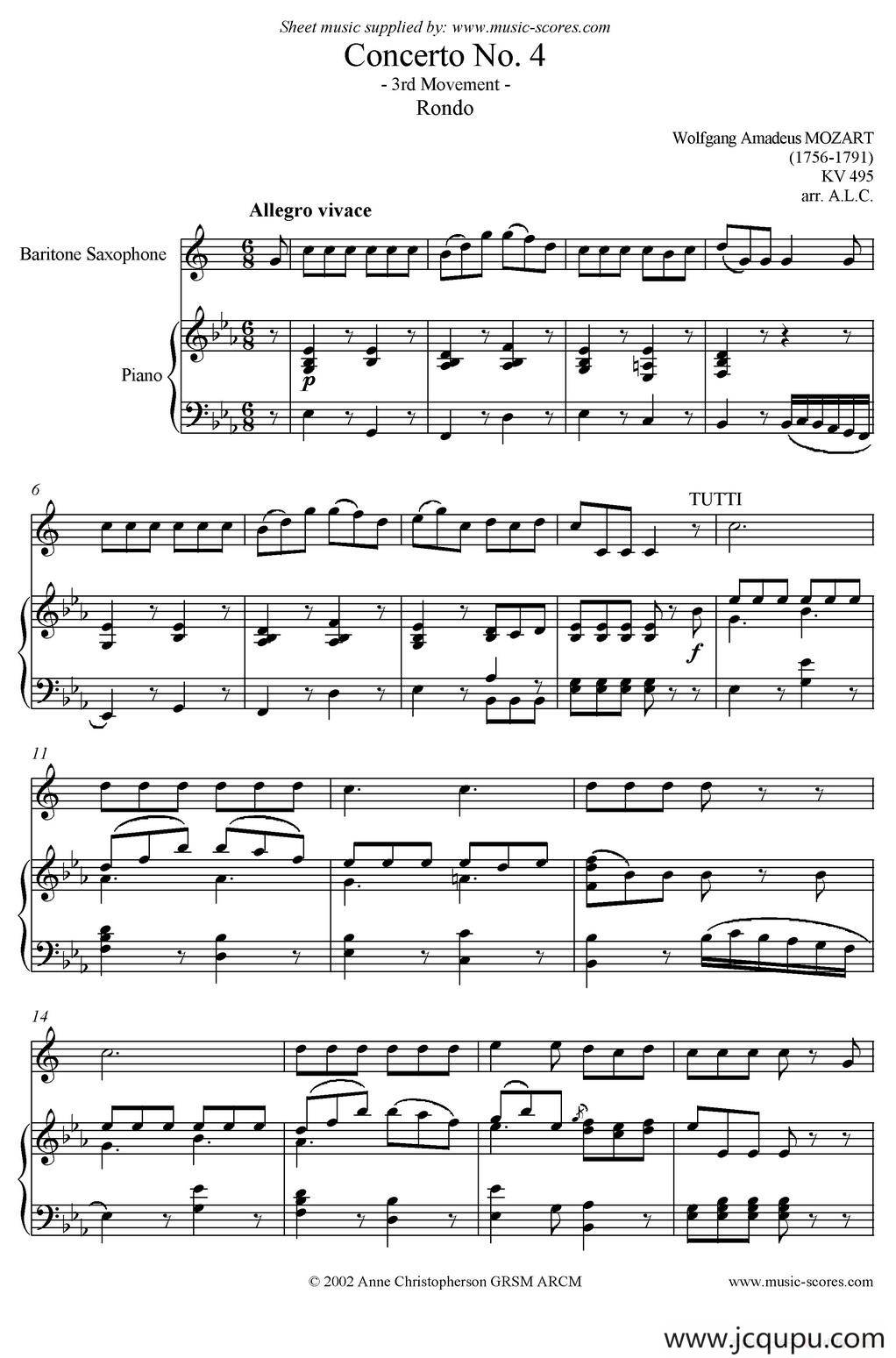 Mozart：Concerto KV495 No.4-3st Rondo 回旋曲（上低音萨克斯+钢琴伴奏）简谱