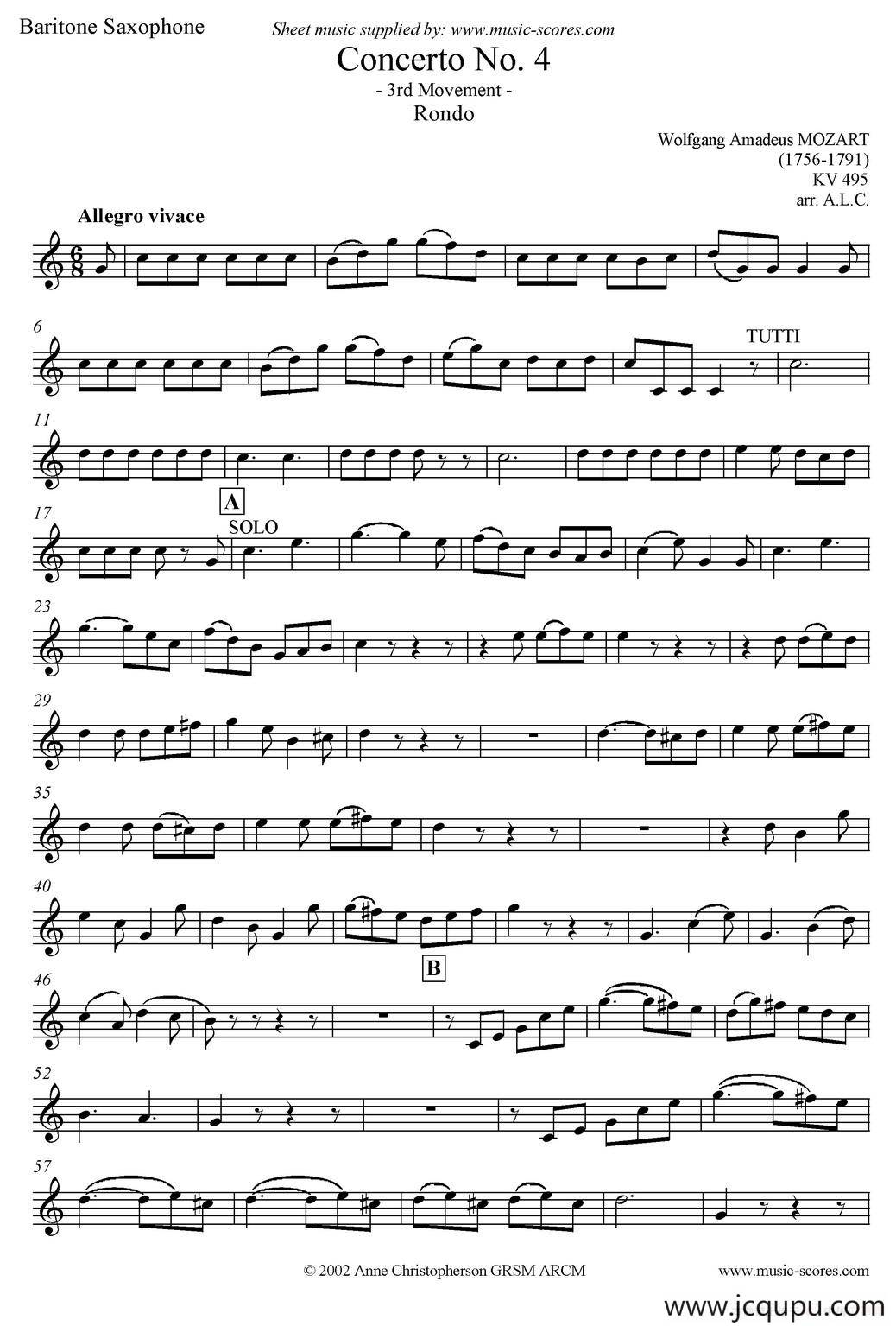 Mozart：Concerto KV495 No.4-3st Rondo 回旋曲（上低音萨克斯）简谱