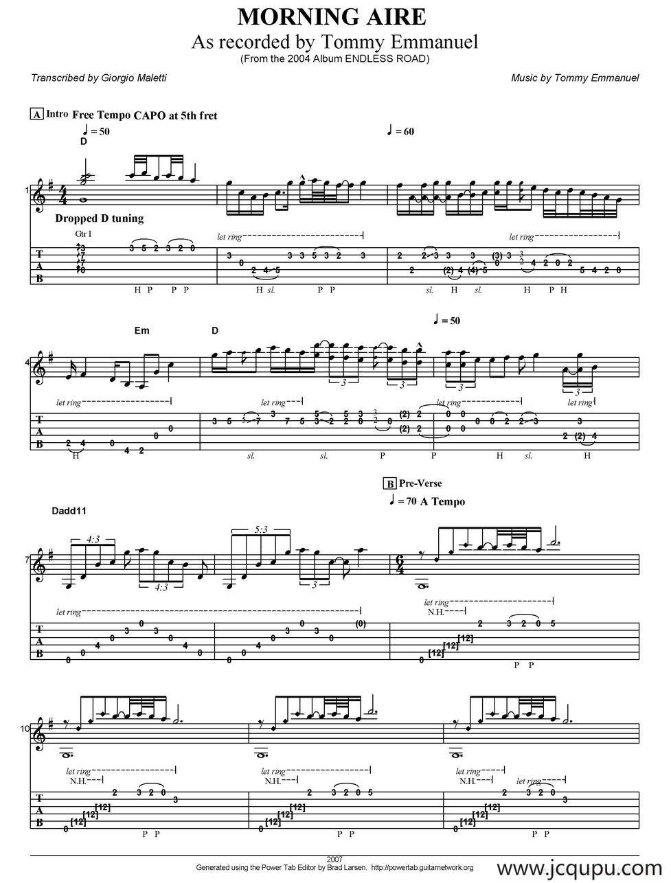 tommy emmanuel：morning aire（指弹吉他）简谱