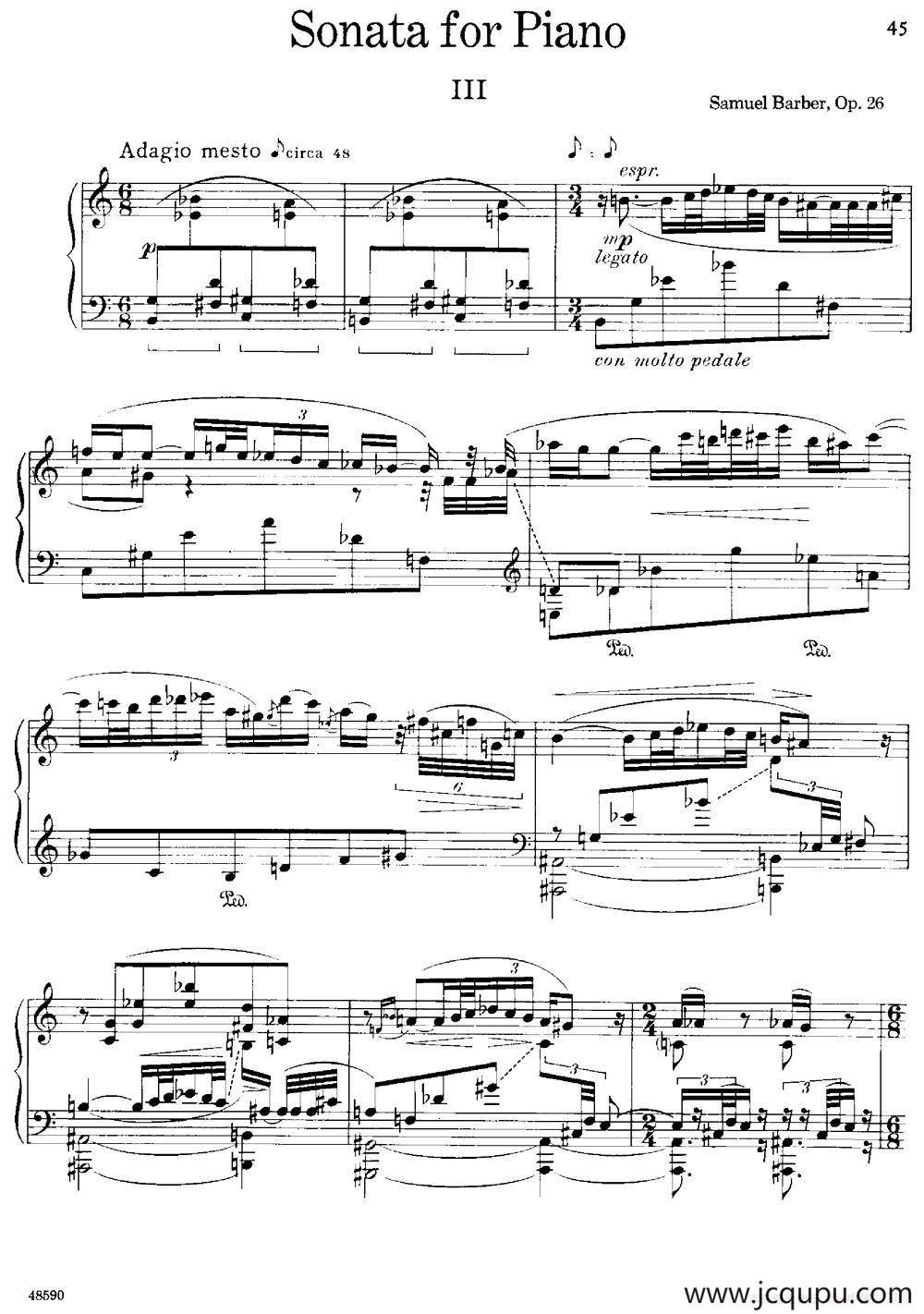 塞缪尔·巴伯 - 降e小调钢琴奏鸣曲 op.26 v.3简谱