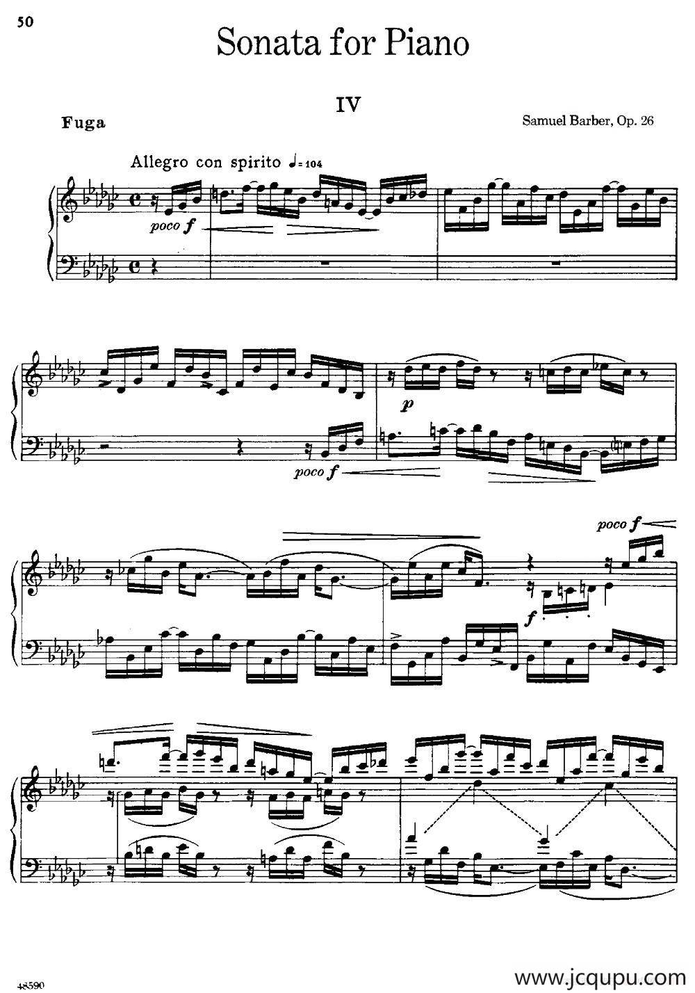 塞缪尔·巴伯 - 降e小调钢琴奏鸣曲 op.26 v.4简谱