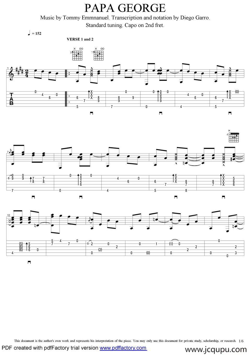 tommy emmanuel：papa george（指弹吉他）简谱