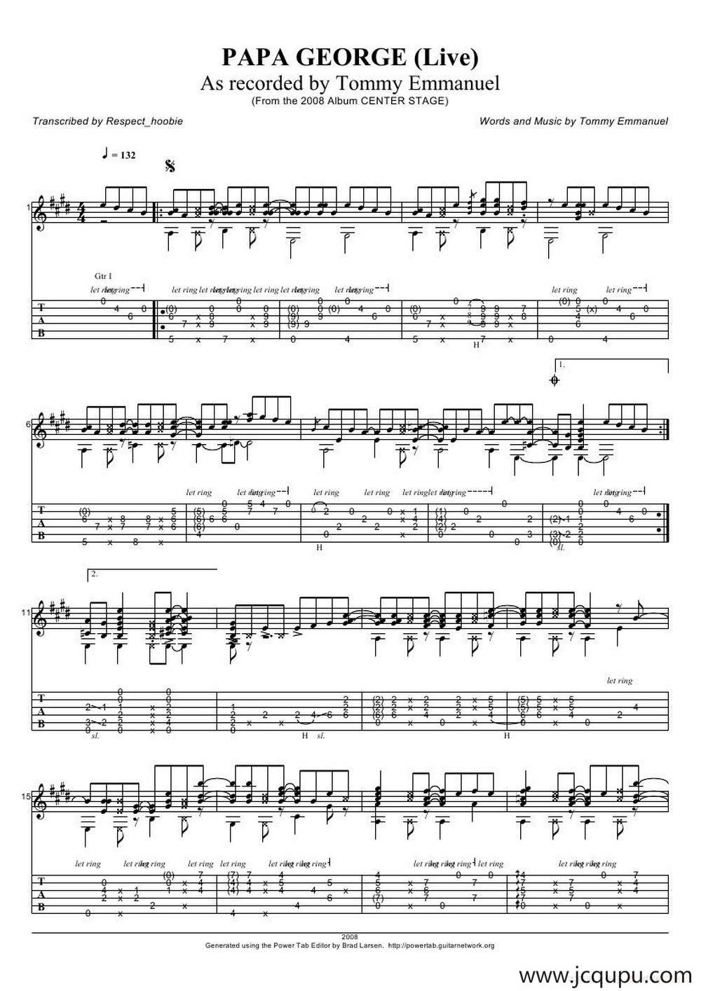 tommy emmanuel： papa george version（指弹吉它）简谱