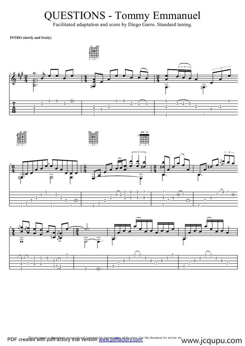 tommy emmanuel： questions Tommy Emmanuel（指弹吉它）简谱