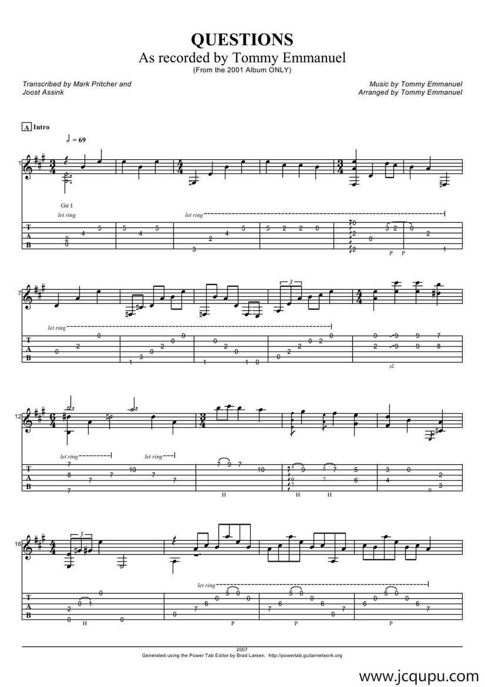 tommy emmanuel： questions（指弹吉它）简谱