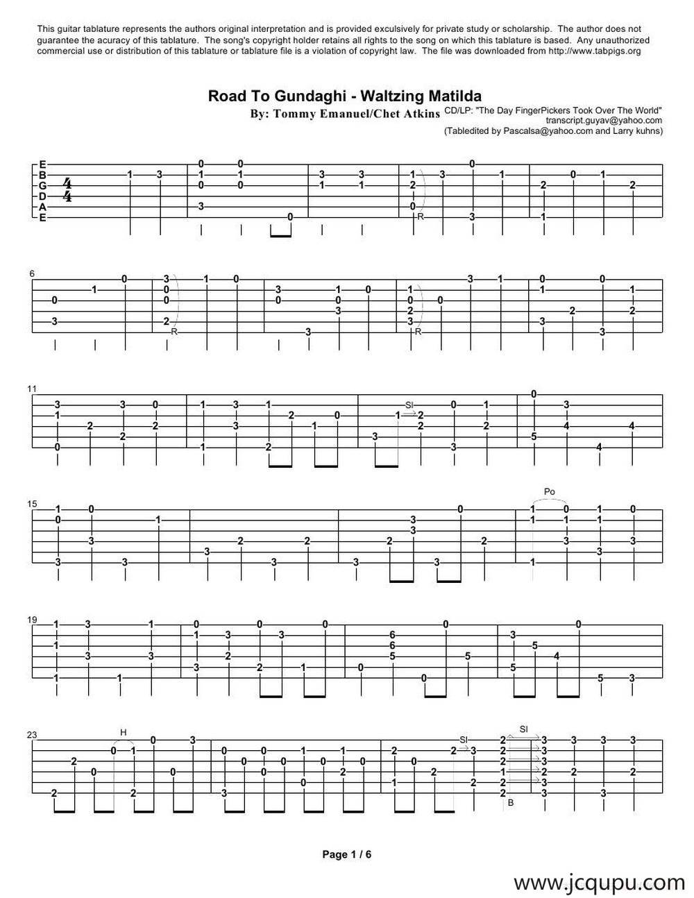 tommy emmanuel： road to gundaghi waltzing matilda（指弹吉它）简谱