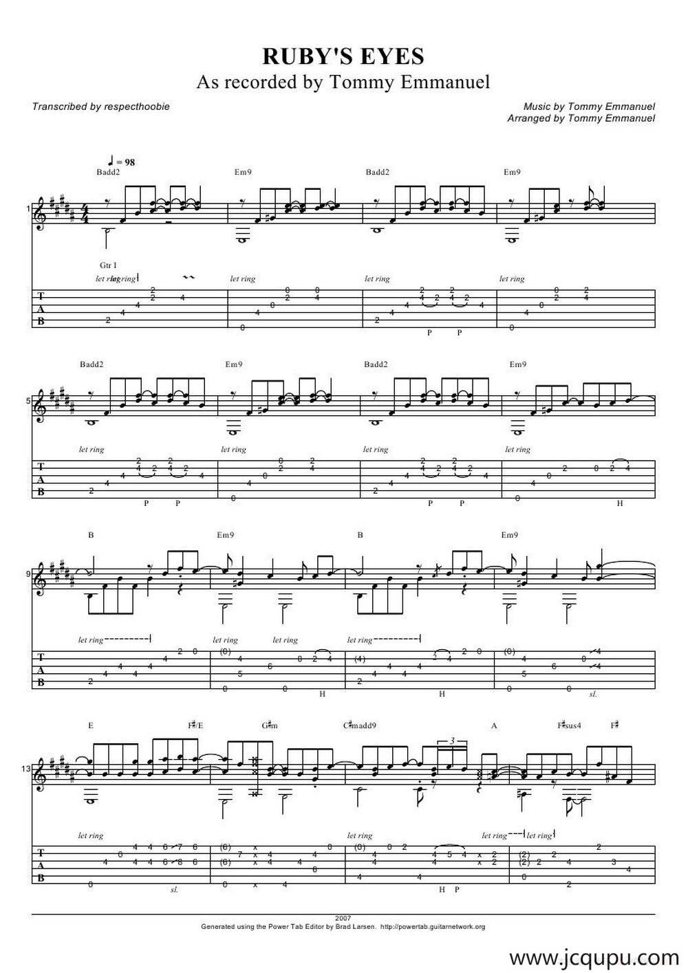 tommy emmanuel： rubys eyes（指弹吉它）简谱