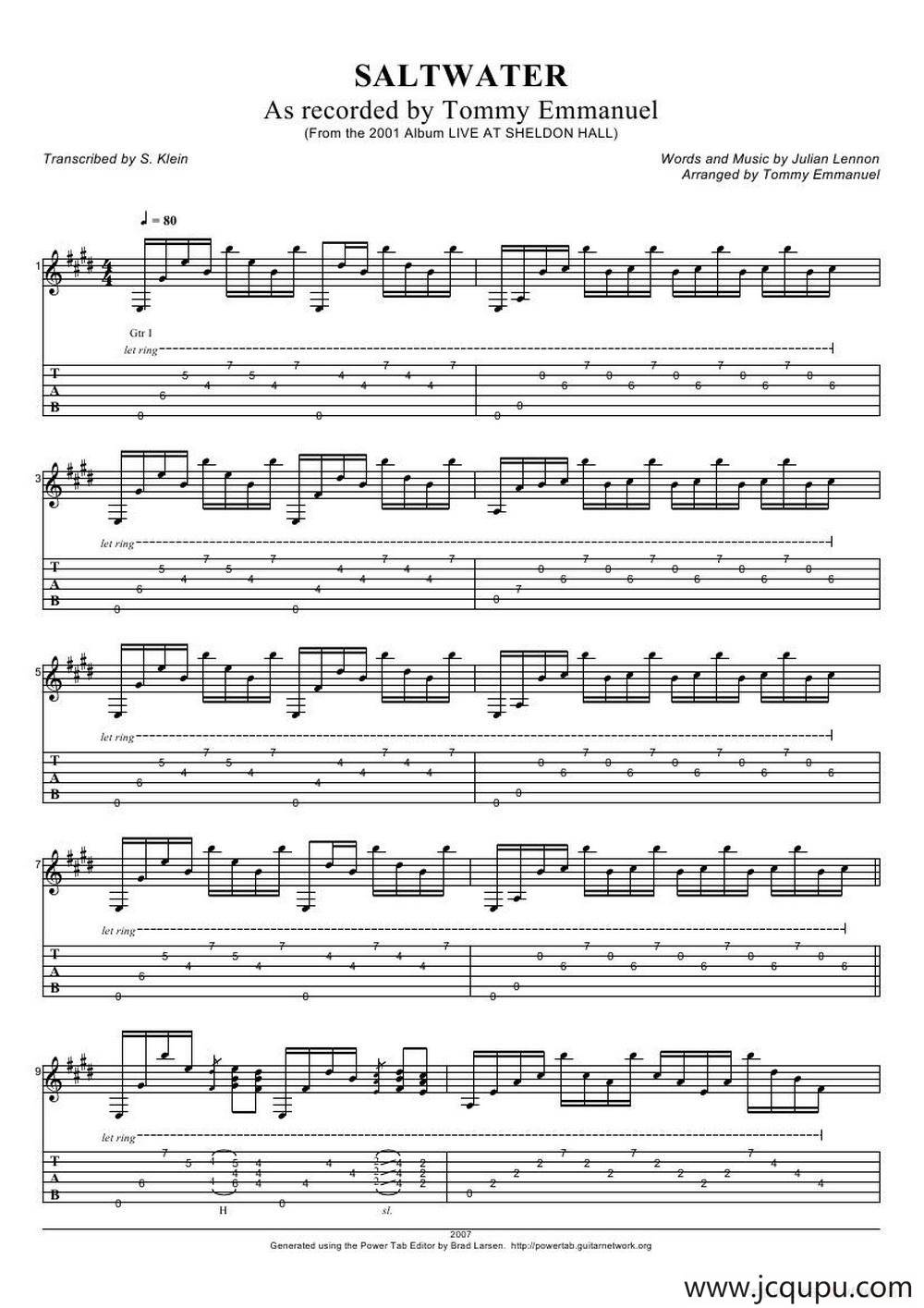 tommy emmanuel： saltwater(1)（指弹吉它）简谱