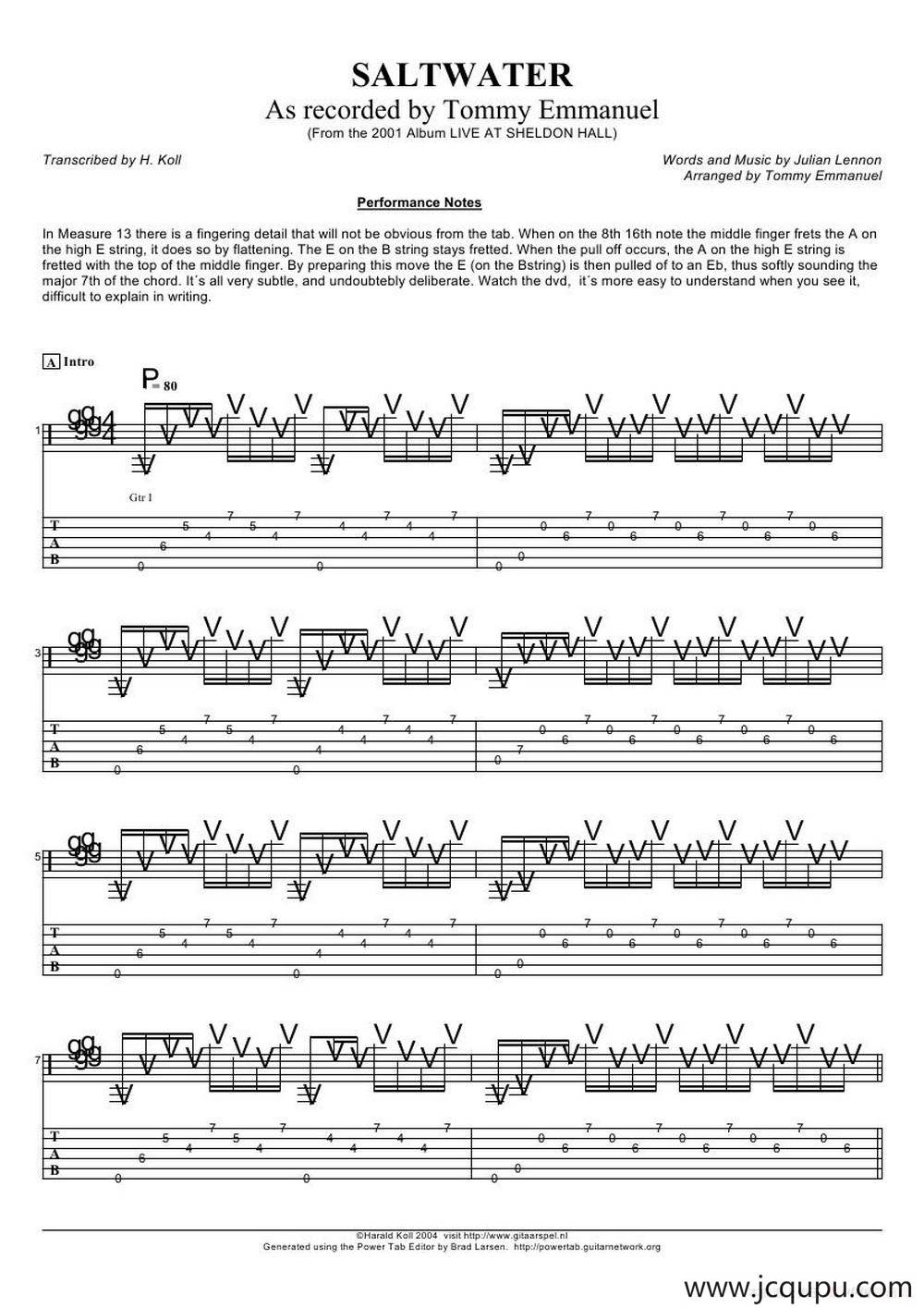 tommy emmanuel： saltwater（指弹吉它）简谱