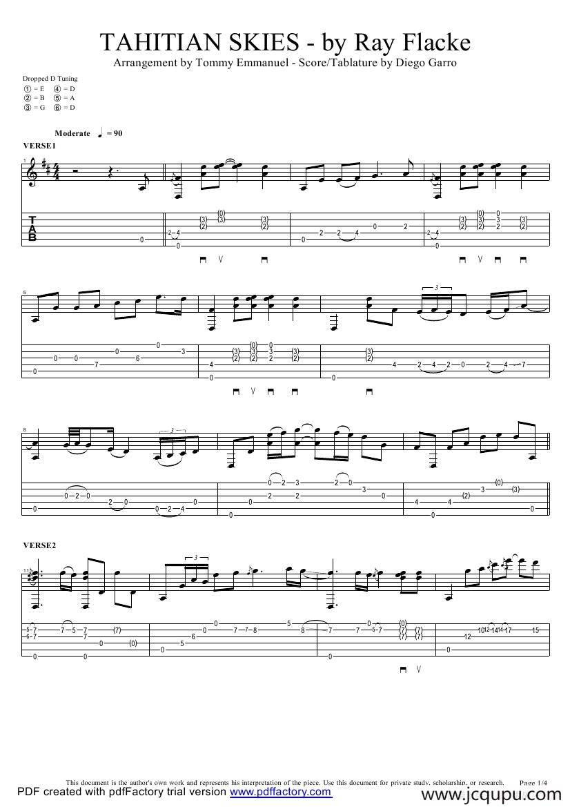 tommy emmanuel：tahitian skies with score（指弹吉它）简谱