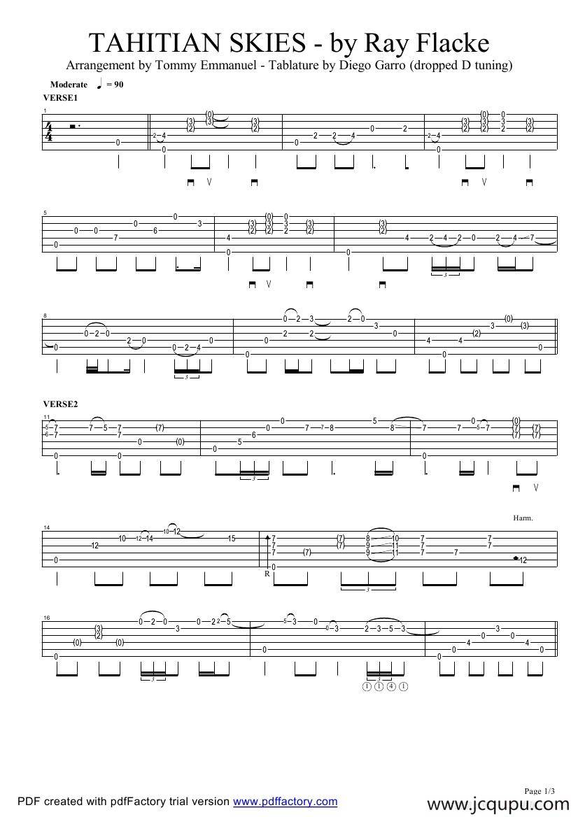 tommy emmanuel：tahitian skies（指弹吉它）简谱