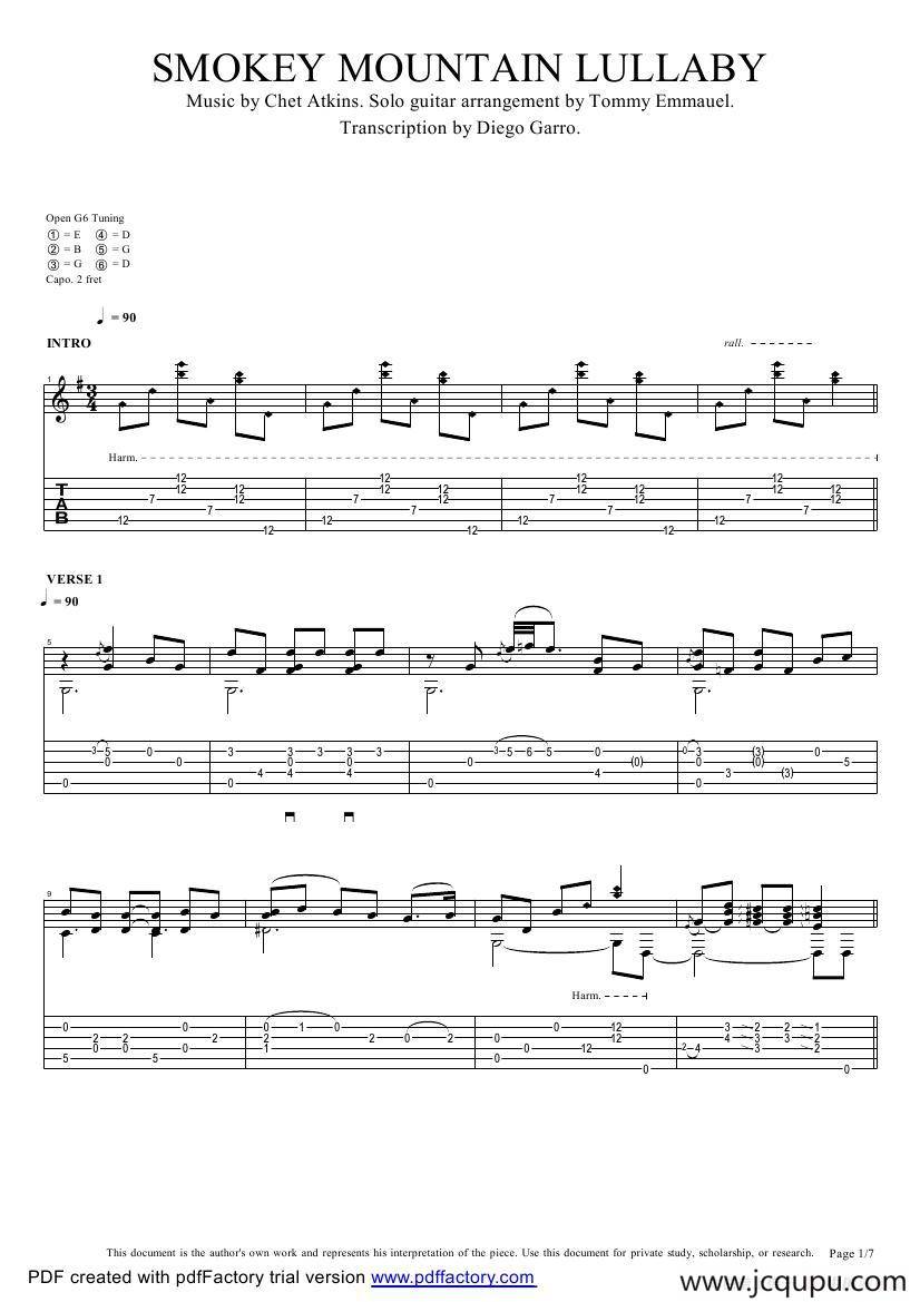 tommy emmanuel：smokey mountain lullaby（指弹吉它）简谱