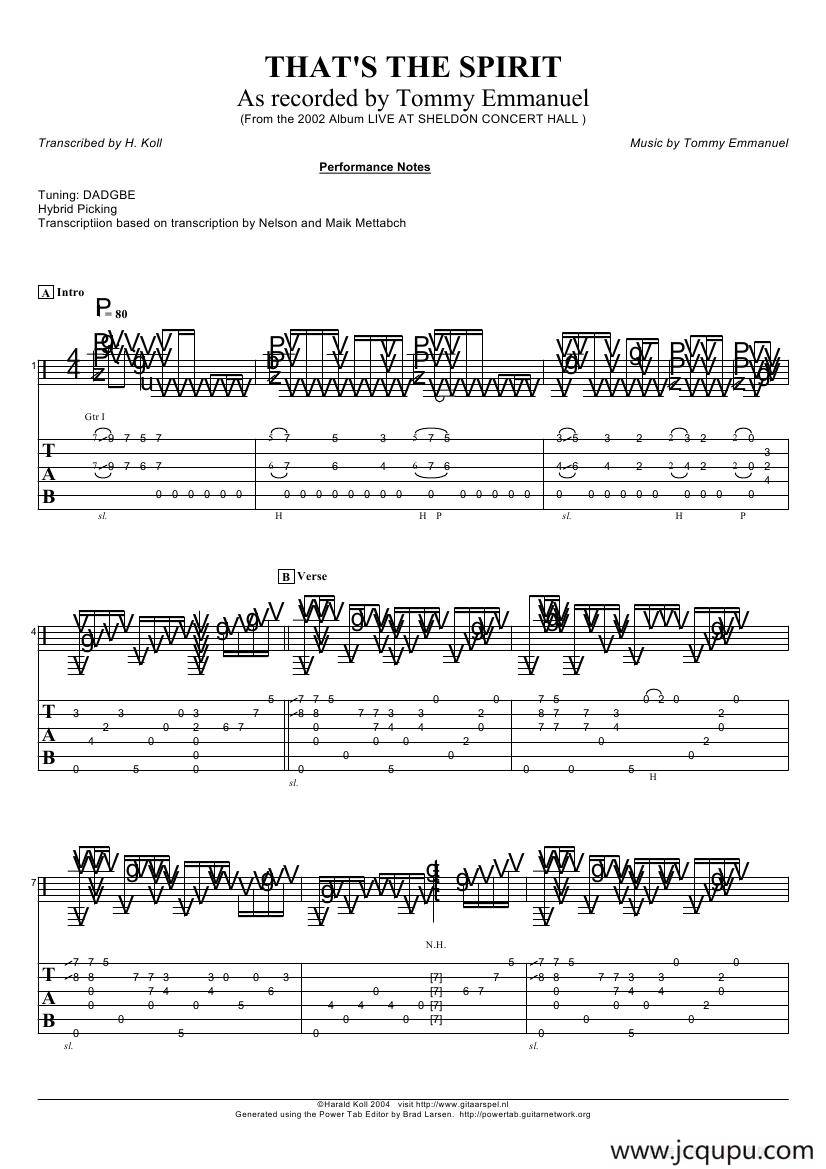 tommy emmanuel：thats the spirit（指弹吉它）简谱