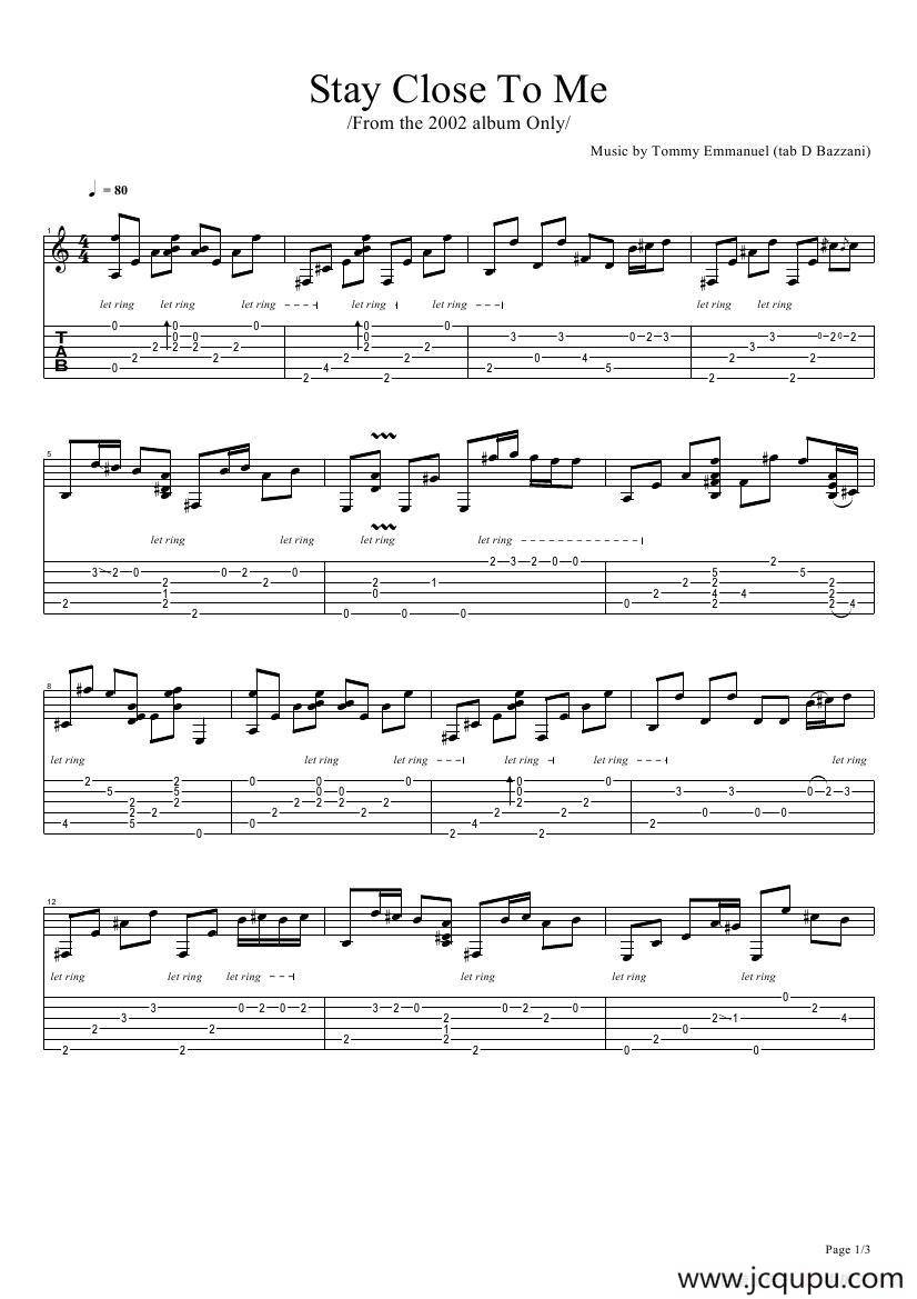 tommy emmanuel：stay close to me（指弹吉它）简谱