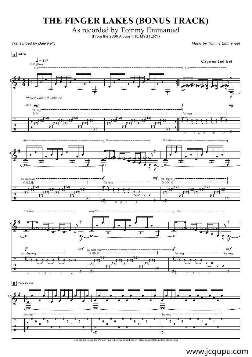 tommy emmanuel：the finger lakes（指弹吉它）简谱
