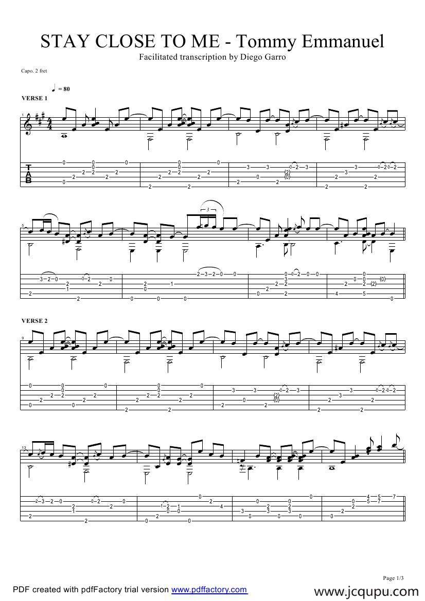 tommy emmanuel：stay close to me version（指弹吉它）简谱