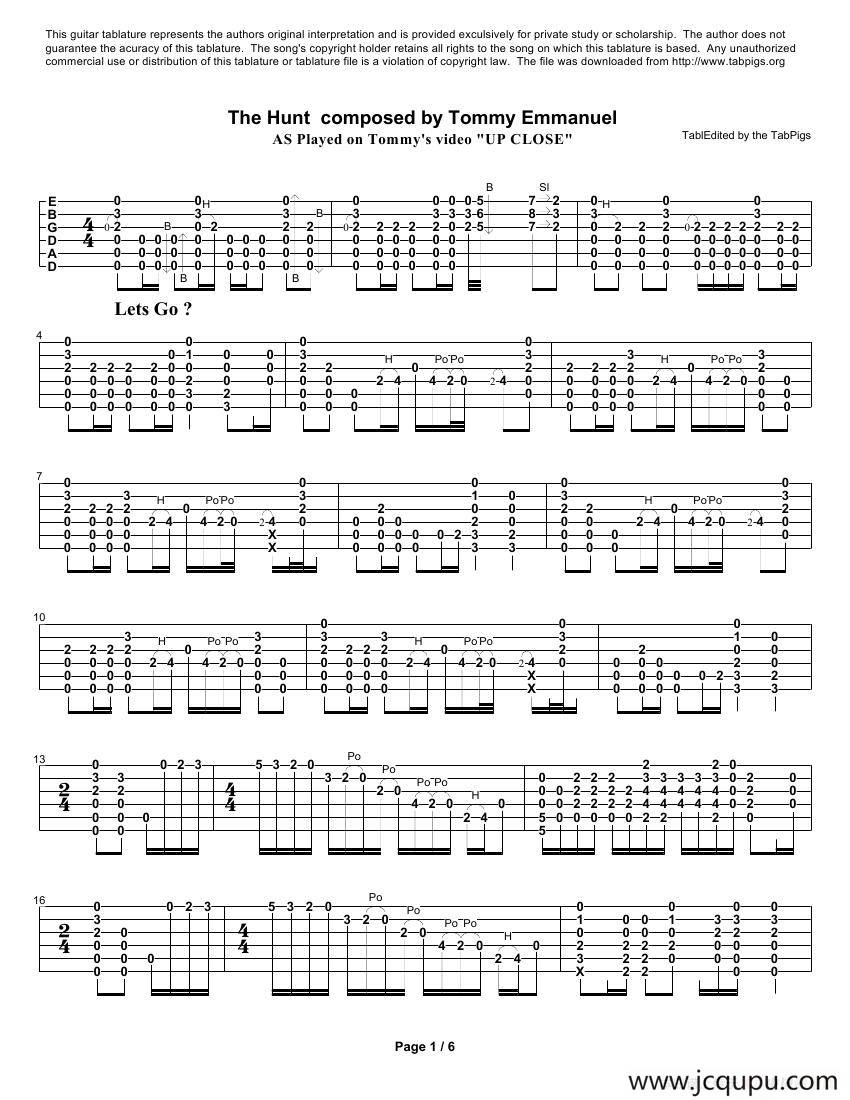 tommy emmanuel：the hunt from up close video（指弹吉它）简谱