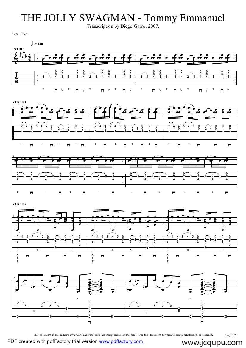 tommy emmanuel：the jolly swagman（指弹吉它）简谱