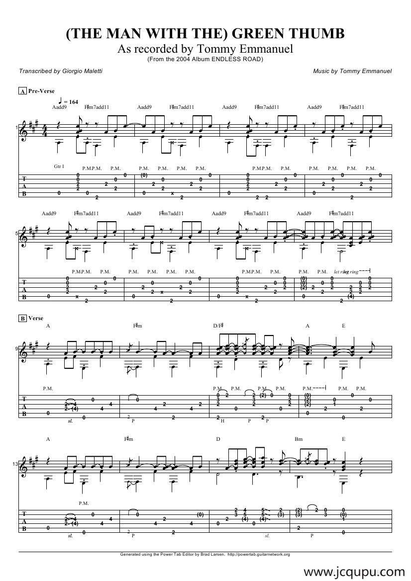 tommy emmanuel：the man with the green thumb（指弹吉它）简谱