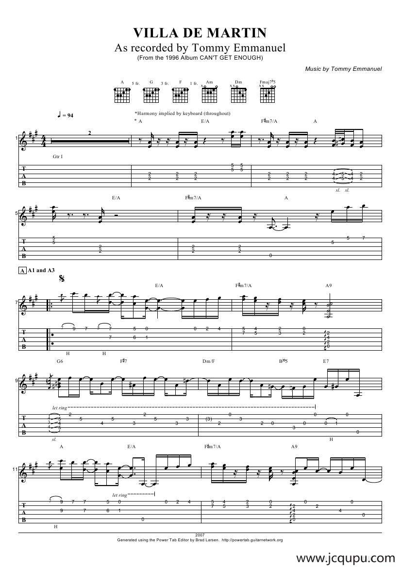 tommy emmanuel：villa de martin（指弹吉它）简谱