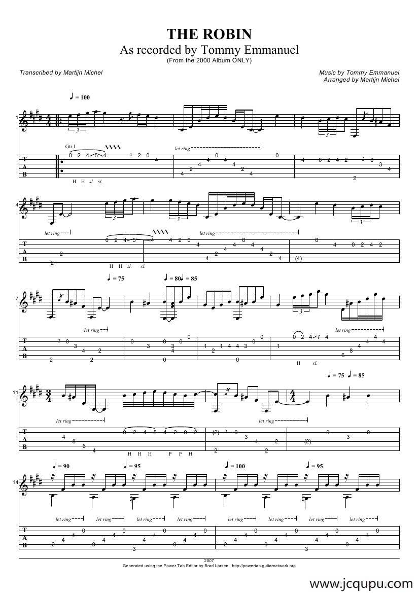 tommy emmanuel：the robin（指弹吉它）简谱