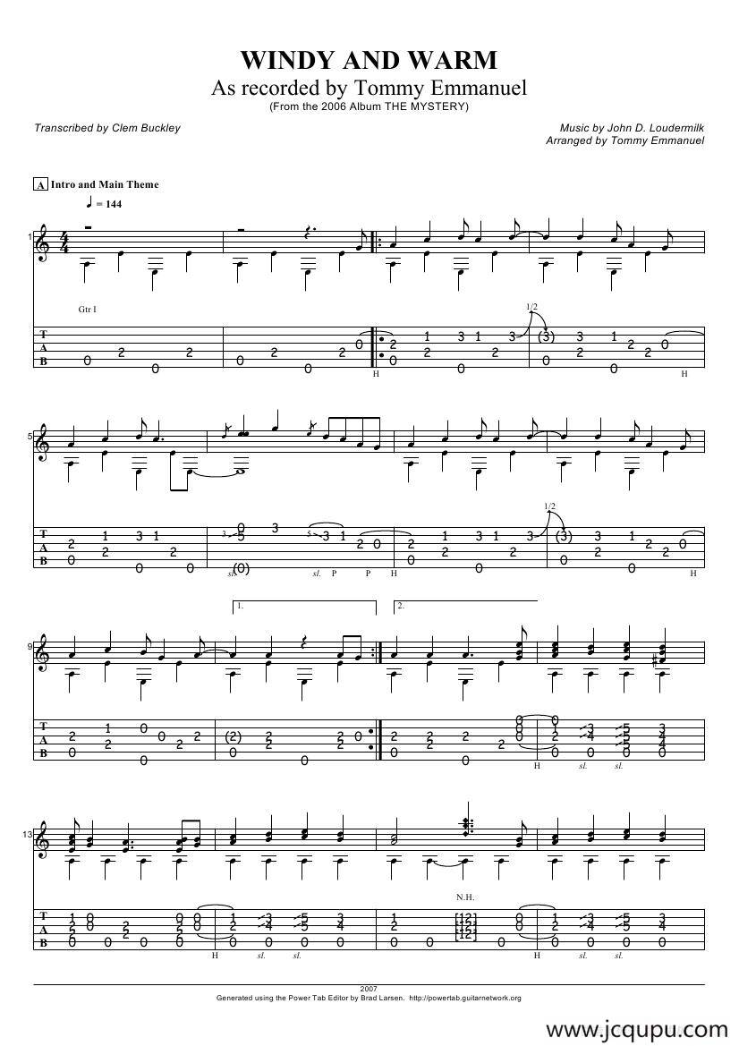 tommy emmanuel：windy and warm（指弹吉它）简谱