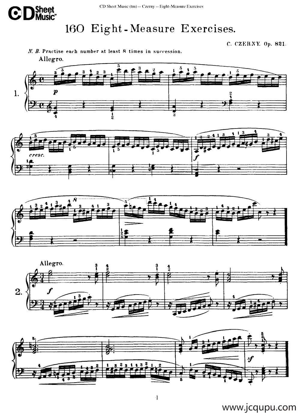 160 Eight- Measure Exercises.Op.821（车尔尼160首钢琴八小节练习曲（1——18））简谱