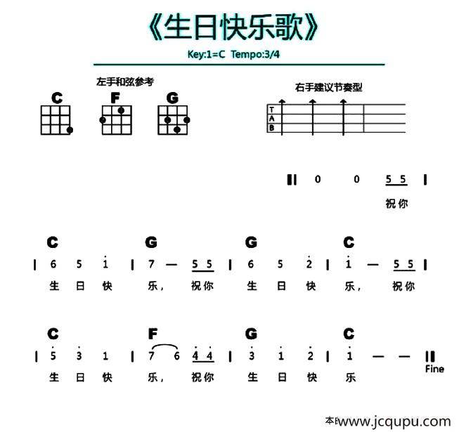 生日快乐歌（尤克里里谱）简谱