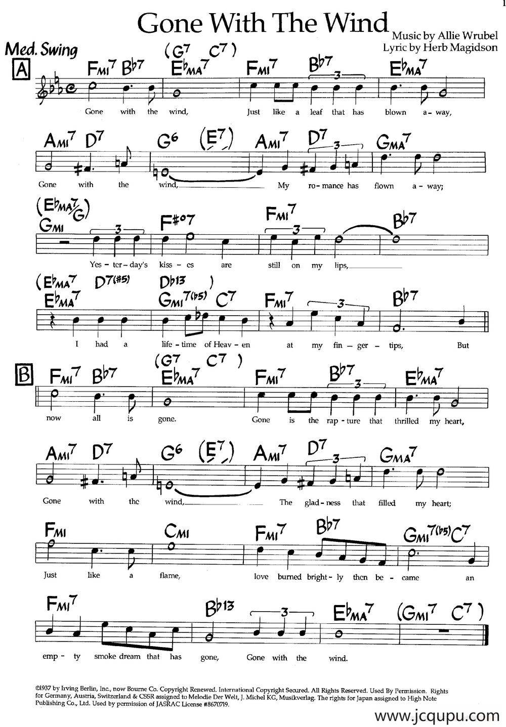 Gone With The Wind（爵士钢琴曲）简谱