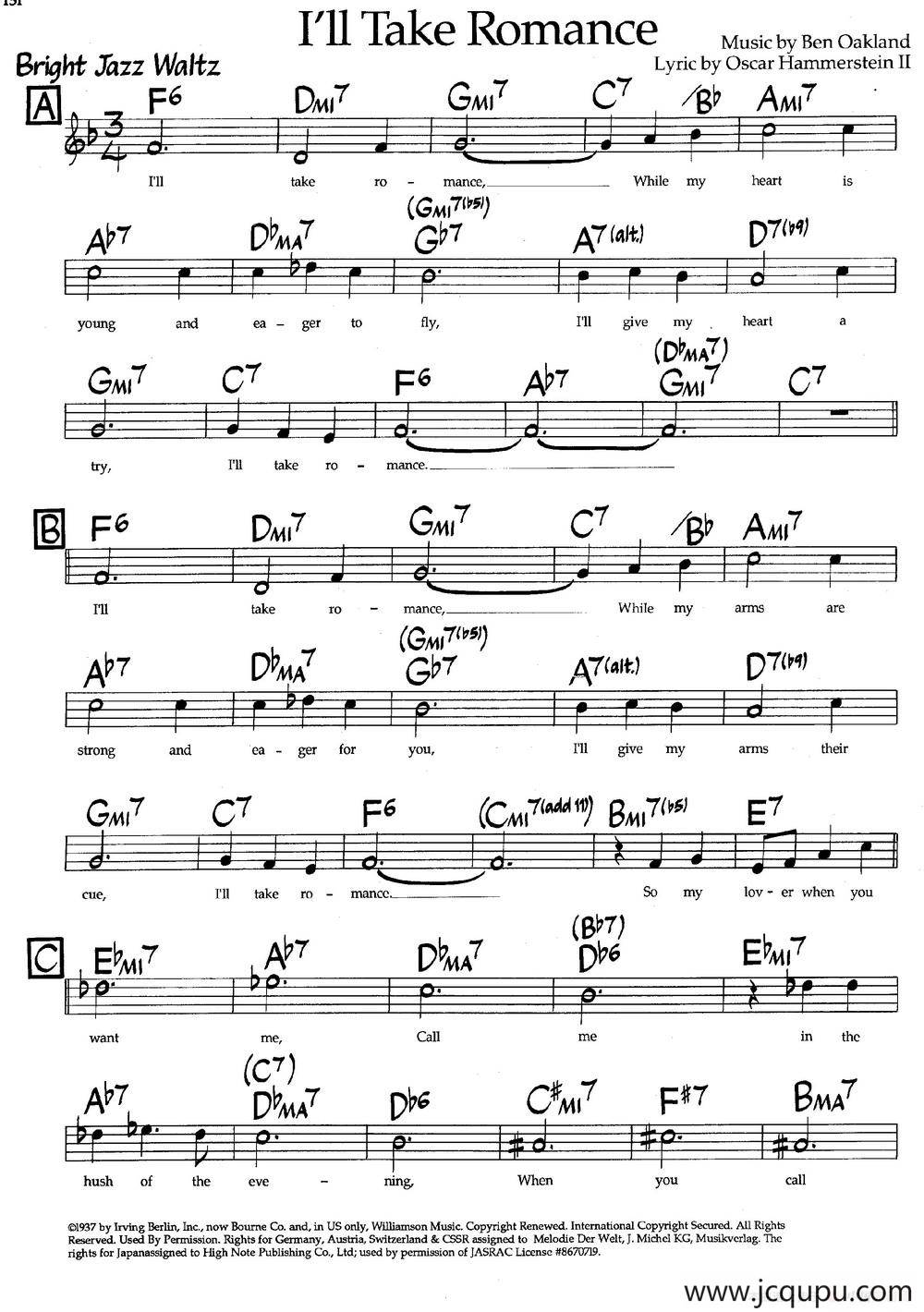 I'll Take Romance（爵士钢琴曲）简谱