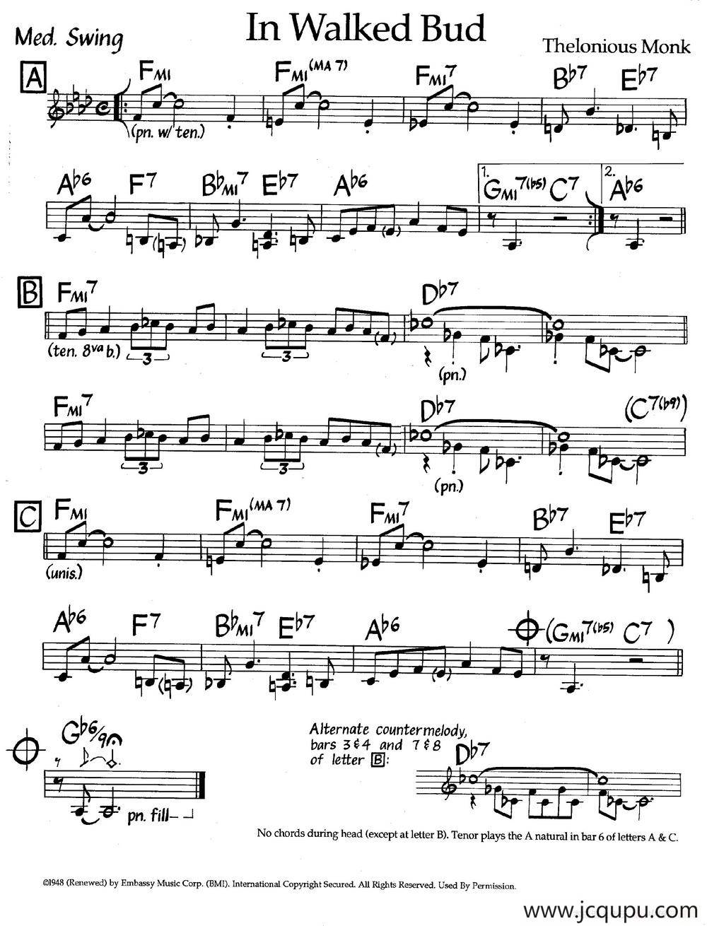 In Walked Bud（爵士钢琴曲）简谱